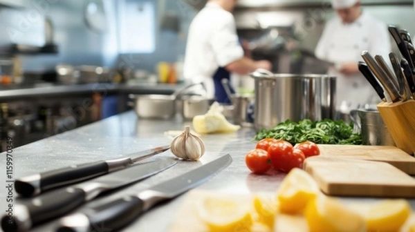 Obraz A bustling culinary school kitchen with chef's knives and cooking utensils, Fresh ingredients laid out for a cooking class, Gourmet cuisine style