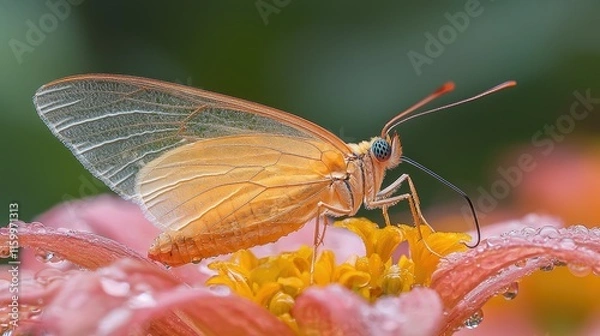Fototapeta A close-up of an orange butterfly resting on a pink flower with droplets of water.