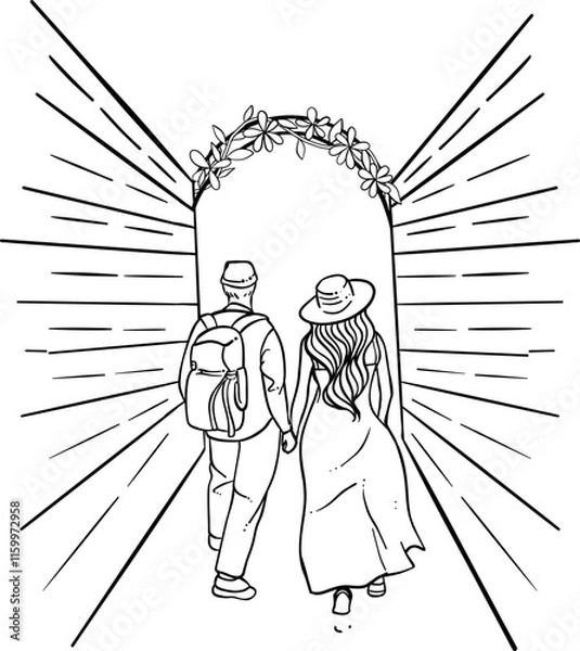 Obraz Two people in the rain sharing a moment, sketch-style illustration of a couple, showcasing love and family