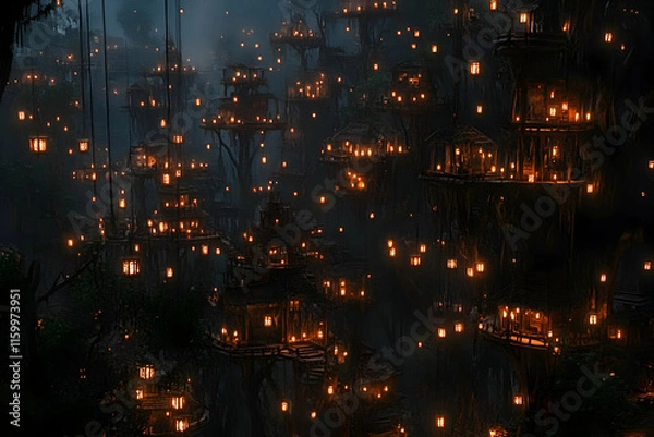 Fototapeta Enchanting nighttime scene of a mystical treetop village illuminated by countless glowing lanterns, creating a magical atmosphere.