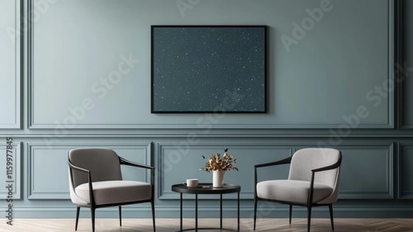 Fototapeta Modern interior design elegant living room setup with chairs and artwork cozy home environment aesthetic view