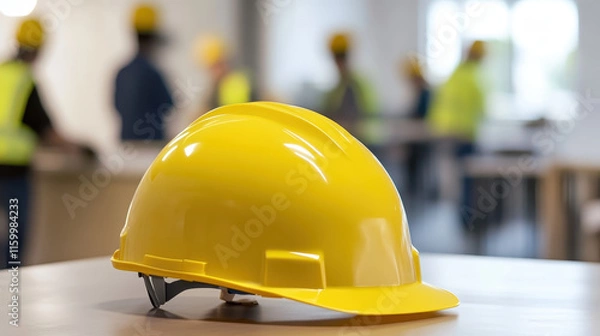 Obraz A hard hat sits on a table in a construction site office, with a blurred team of workers visible in the background