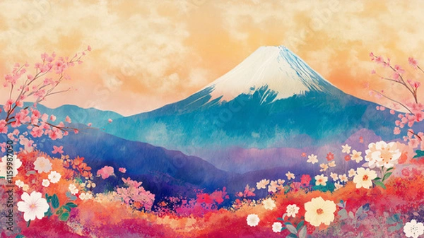 Fototapeta 日本の富士山と花々のイラスト素材。挿絵,高画質イラスト,アジア,日本人