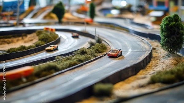 Fototapeta A dynamic radio control car racing track with sharp turns and jumps, RC cars and controllers set up for speed, Natural photo of