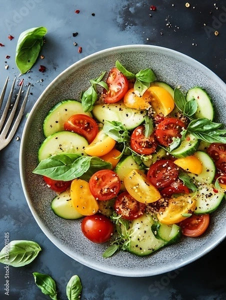 Obraz Fresh Heirloom Tomato and Cucumber Salad with Basil on Rustic Plate : Generative AI