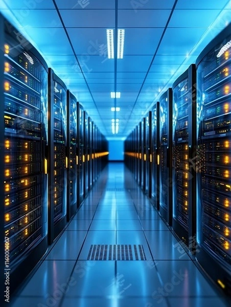Fototapeta High Tech Data Center with Advanced Server Equipment and Blue LED Lighting for Networks : Generative AI