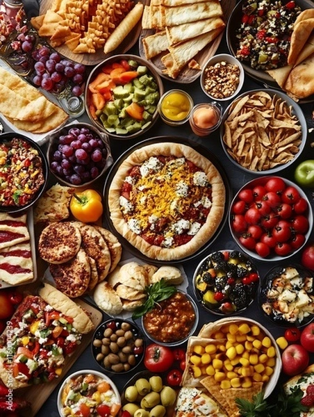 Obraz Variety of colorful Mediterranean foods presented in an inviting arrangement perfect for buffet or catering inspiration : Generative AI
