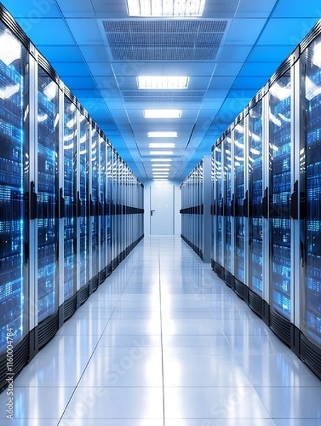 Obraz Sleek and Brightly Lit Data Center with Stateoftheart Equipment and Reflective Flooring Technology : Generative AI