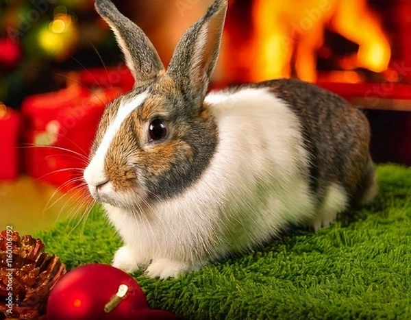 Obraz AI generated image of a domesticated bunny rabbit in a cozy Christmas setting.