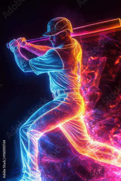 Obraz Dynamic neon image of a baseball player swinging a bat.