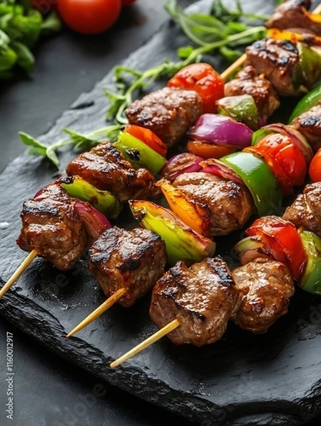 Obraz Grilled Beef Skewers with Colorful Bell Peppers and Red Onions on Slate Serving Tray : Generative AI