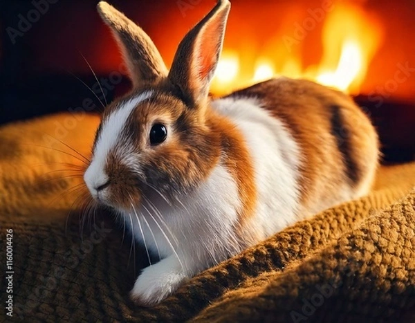 Obraz AI Image of a domesticated bunny rabbit sitting in a cozy setting, with a fireplace in the background.