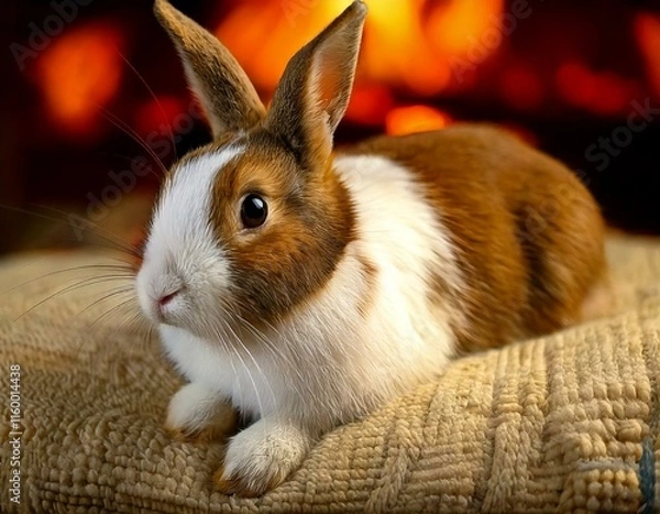 Obraz AI Image of a domesticated bunny rabbit sitting in a cozy setting, with a fireplace in the background.