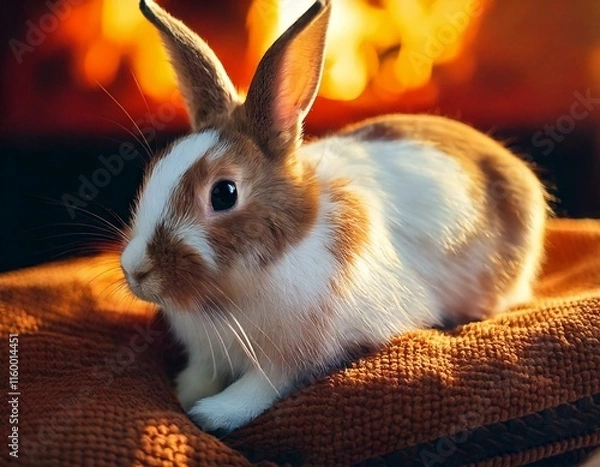 Obraz AI Image of a domesticated bunny rabbit sitting in a cozy setting, with a fireplace in the background.