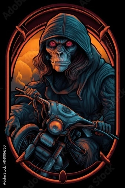 Fototapeta Mysterious Ape on Motorcycle in Hooded Jacket