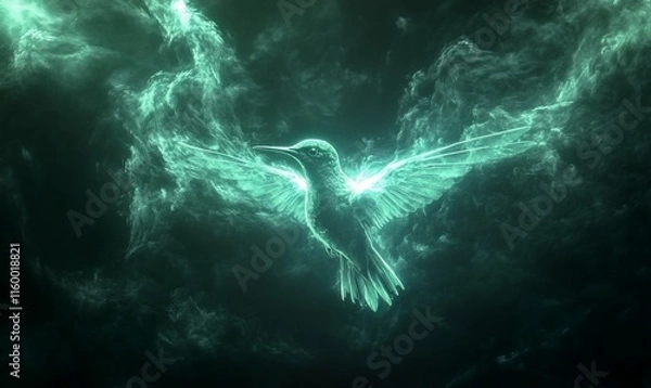 Fototapeta Ethereal hummingbird soaring through a mystical, smoky backdrop.