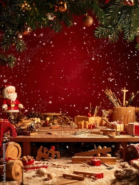 Fototapeta Festive Dragon-Themed Christmas Workshop Scene with Santa, Toys, Borders, and Decorative Elements Amidst a Snowy Atmosphere