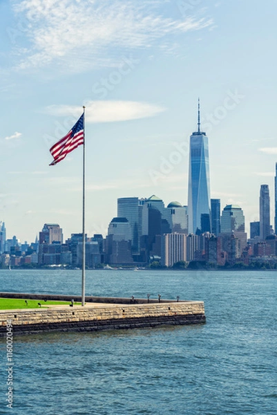 Obraz New York City skyline with Hudson River and American flag in foreground