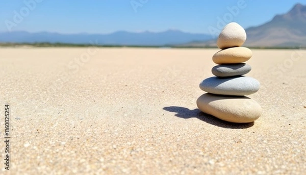Fototapeta stones, balanced, three, arrangement, simple, sandy, surface, mountain, range, distant, clear, blue, sky, serene, tranquil, harmony, zen, nature, peaceful, minimalist, outdoors, calm, alignment, 