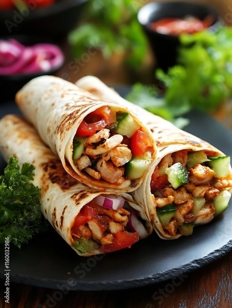 Obraz Grilled chicken wraps with fresh vegetables and herbs for a delicious and convenient meal : Generative AI