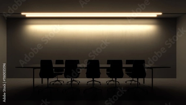 Fototapeta Dark conference room with long table and chairs, illuminated by a single overhead light.
