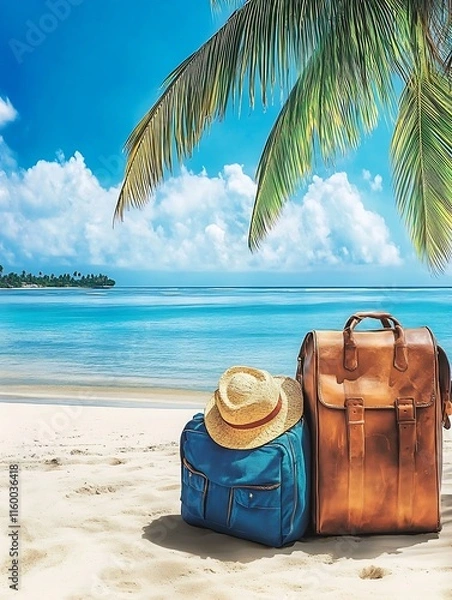 Obraz Tropical Beach with Backpacks and Straw Hat Under Swaying Palm Tree : Generative AI