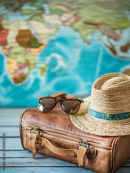 Obraz Leather Suitcase with Straw Hat and Sunglasses Against World Map : Generative AI