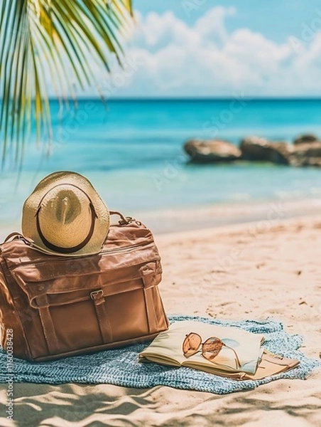 Obraz Tropical Beach Vacation Essentials with Hat and Sunglasses on Sand by Turquoise Sea : Generative AI
