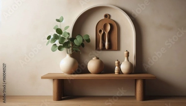 Fototapeta Boho minimalist decor, wooden console table, arched wall niche, neutral tones, ceramic vases, eucalyptus branches, wooden utensils, textured wall, earthy palette, Scandinavian influence, modern rustic