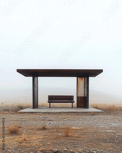 Obraz A bus stop with an empty advertising billboard in an urban setting with fallen leaves on the ground and a bus passing by in the background. Generative AI