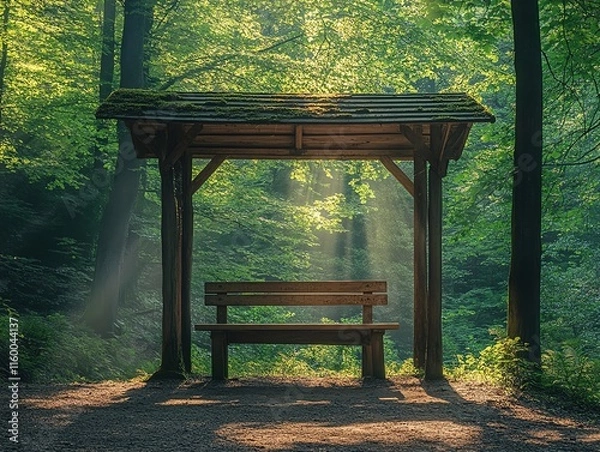 Obraz A bus stop with an empty advertising billboard in an urban setting with fallen leaves on the ground and a bus passing by in the background. Generative AI
