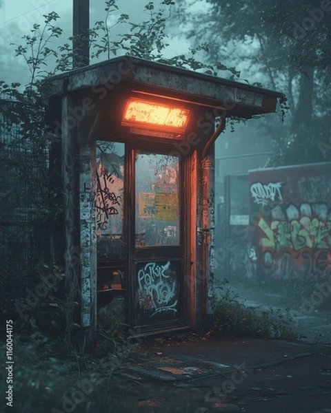 Obraz A bus stop with an empty advertising billboard in an urban setting with fallen leaves on the ground and a bus passing by in the background. Generative AI