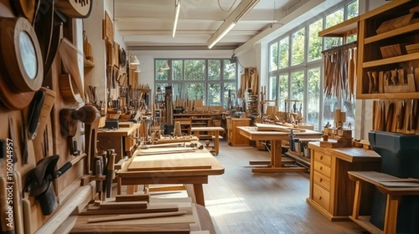 Fototapeta A serene woodworking studio with rows of handcrafted furniture, Woodworking tools displayed with artisan precision, Craftsmanship showcase style