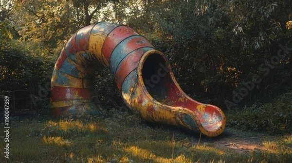Fototapeta Abandoned colorful spiral playground slide in overgrown park.