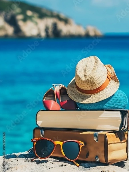 Obraz Beach Vacation Items with Hats and Sunglasses Overlooking Turquoise Sea and Rocky Cliffs : Generative AI