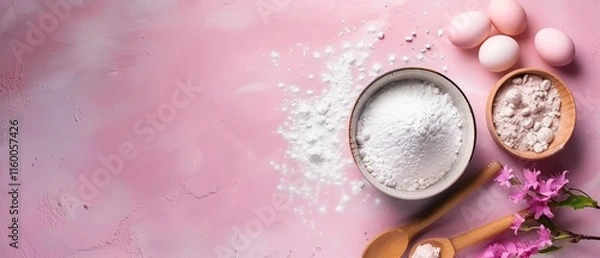 Fototapeta Baking ingredients like flour, eggs, and spices on colorful background. Flat lay composition with copy space for culinary and recipe design. Top down aerial view of flour, egg and ingredients. AIG55.