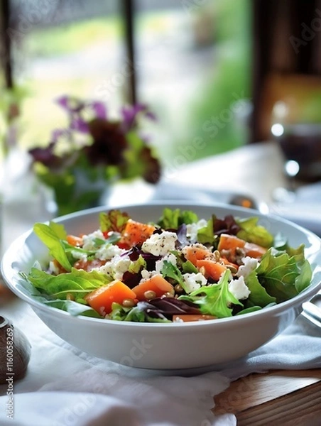 Fototapeta Fresh Organic Garden Salad with Feta Cheese and Vinaigrette Dressing : Generative AI