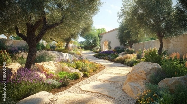 Fototapeta Elegant dry garden design featuring decomposed granite paths, olive trees, natural stone accents, and vibrant flowering plants, sunlit Mediterranean charm, 