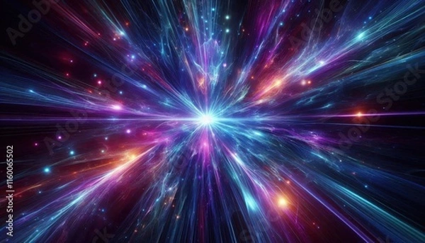 Fototapeta Cosmic explosion, vibrant energy burst, radiant light rays, deep space, swirling colors, blue and purple nebula, star formation, interstellar dust, celestial fireworks, dynamic motion blur, galactic c