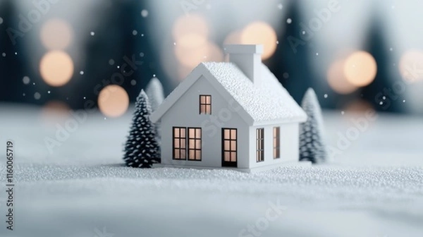 Fototapeta Cozy white house surrounded by snow-covered trees with a dreamy winter backdrop and glowing bokeh lights