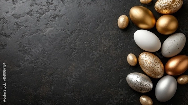 Fototapeta Decorative Easter Eggs in Gold, Silver, and White on Dark Background