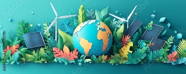 Fototapeta A colorful globe surrounded by lush greenery, wind turbines, and solar panels, symbolizing ecofriendly solutions for Earth Day and global environmental awareness