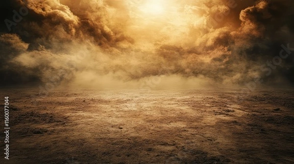 Obraz Dramatic Sunset Over Barren Landscape with Moody Cloud Formation