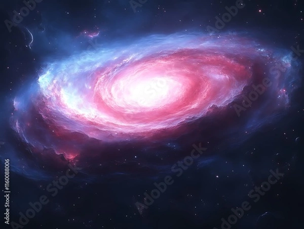 Fototapeta A vibrant pink and blue spiral galaxy swirls in space