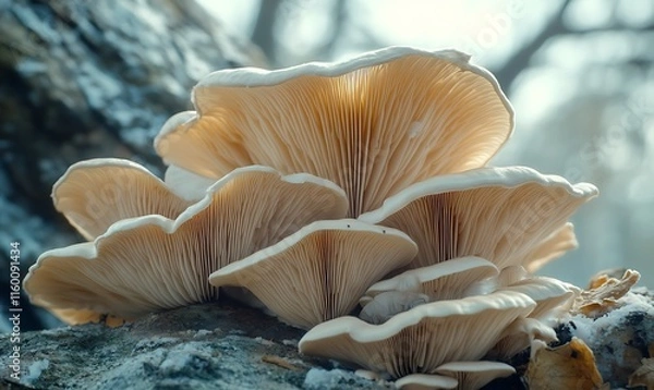 Obraz A cluster of pale mushrooms growing on a log in a serene forest setting.