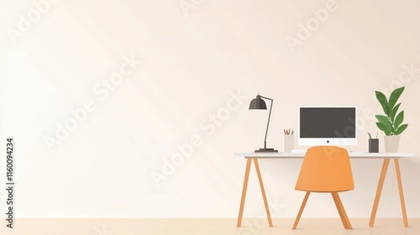 Fototapeta Modern Minimalist Workspace with Bright Orange Chair, Desk Lamp, Computer, and Green Plant Arranging an Inviting Atmosphere for Productivity and Creativity