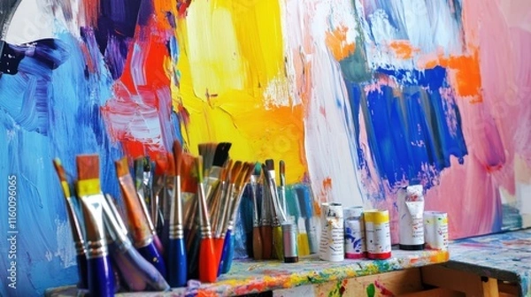 Fototapeta An artistic painting workshop with colorful canvases and varied brushes, Paint tubes organized in a creative studio space, Abstract expressionism style