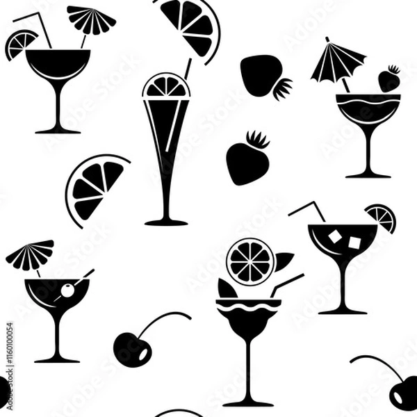 Fototapeta Monochrome seamless background, pattern for design. Cocktails on a transparent background are decorated with fruits.