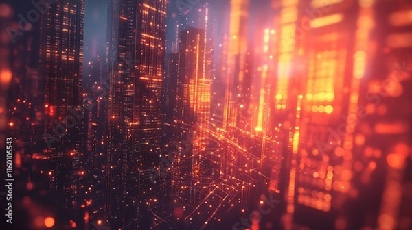 Fototapeta A futuristic cityscape illuminated by glowing lights and digital connections.