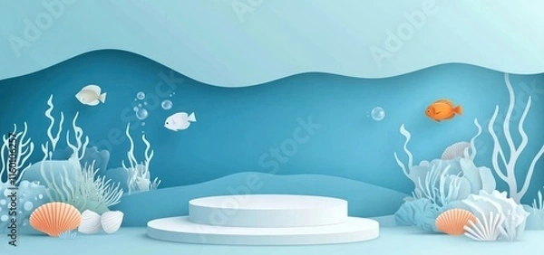 Fototapeta Underwater scene with platform, fish, coral, and shells.